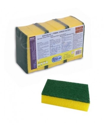 Esponja Con Estropajo Fibra Verde Extra 8x12 cm. Pack-6 Unidades